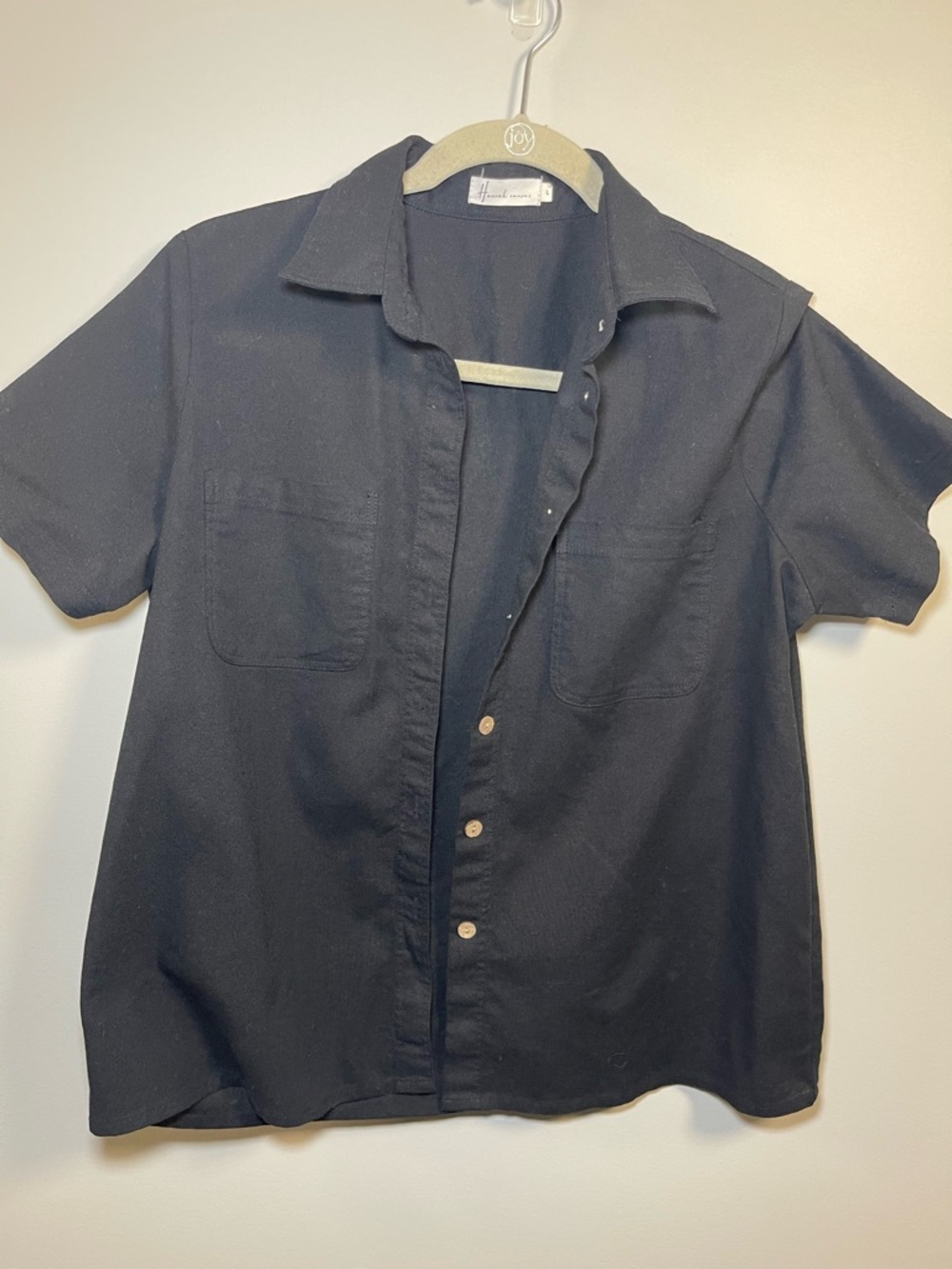 Hannah Canvas Black Short-Sleeve Button-Down 100% Linen Shirt, Classic Collar